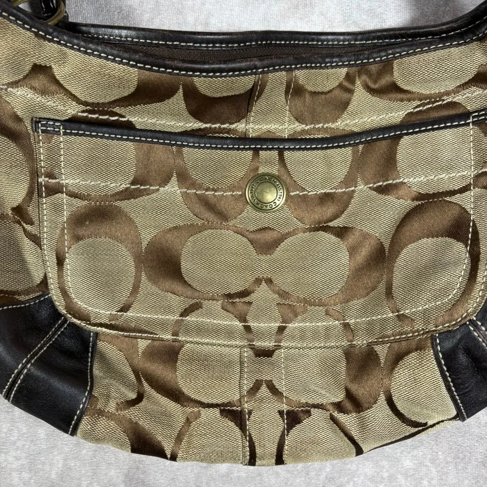 Coach Shoulder Bag Women Medium Brown Signature Canvas Hobo Leather Trim Vintage - Picture 5 of 16